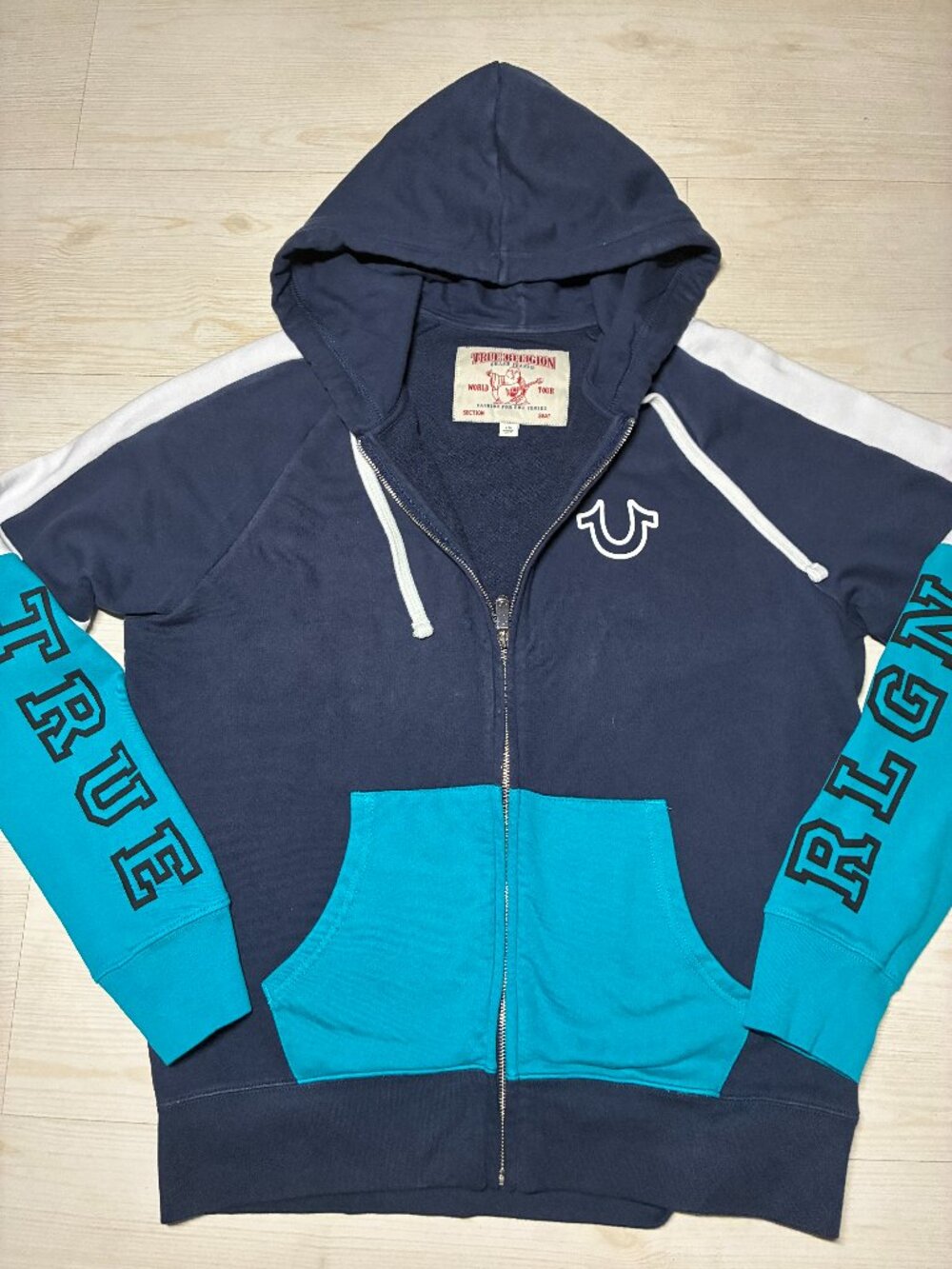 True Religion Men's Colorblock Navy & Cyan Paneled Full-Zip Hoodie Size Large